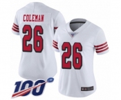 Women's San Francisco 49ers #26 Tevin Coleman Limited White Rush Vapor Untouchable 100th Season Football Jersey