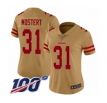 Women's San Francisco 49ers #31 Raheem Mostert Limited Gold Inverted Legend 100th Season Football Jersey