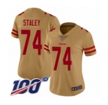 Women's San Francisco 49ers #74 Joe Staley Limited Gold Inverted Legend 100th Season Football Jersey