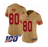Women's San Francisco 49ers #80 Jerry Rice Limited Gold Inverted Legend 100th Season Football Jersey