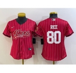 Women's San Francisco 49ers #80 Jerry Rice Red Pinstripe With Patch Cool Base Stitched Baseball Jersey