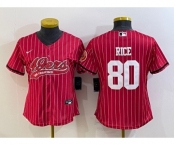 Women's San Francisco 49ers #80 Jerry Rice Red Pinstripe With Patch Cool Base Stitched Baseball Jersey