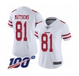 Women's San Francisco 49ers #81 Jordan Matthews White Vapor Untouchable Limited Player 100th Season Football Jersey