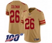 Youth San Francisco 49ers #26 Tevin Coleman Limited Gold Inverted Legend 100th Season Football Jersey