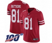 Youth San Francisco 49ers #81 Jordan Matthews Red Team Color Vapor Untouchable Limited Player 100th Season Football Jersey