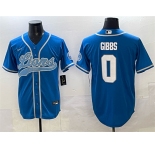 Men's Detroit Lions #0 Jahmyr Gibbs Blue Cool Base Stitched Baseball Jersey