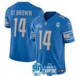 Men's Detroit Lions #14 Amon-Ra St. Brown Blue 2023 90th Anniversary North Division Champions Patch Limited Stitched Jersey