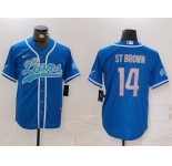 Men's Detroit Lions #14 Amon-Ra St. Brown Blue Cool Base Stitched Baseball Jersey