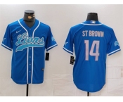 Men's Detroit Lions #14 Amon-Ra St. Brown Blue Cool Base Stitched Baseball Jersey