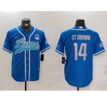 Men's Detroit Lions #14 Amon-Ra St. Brown Blue With 90th Anniversary Patch Cool Base Stitched Baseball Jersey