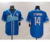 Men's Detroit Lions #14 Amon-Ra St. Brown Blue With 90th Anniversary Patch Cool Base Stitched Baseball Jersey