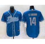 Men's Detroit Lions #14 Amon Ra St Brown Blue With Patch Cool Base Stitched Baseball Jersey