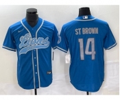 Men's Detroit Lions #14 Amon Ra St Brown Blue With Patch Cool Base Stitched Baseball Jersey