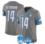 Men's Detroit Lions #14 Amon-Ra St. Brown Gray 2023 90th Anniversary North Division Champions Patch Limited Stitched Jersey