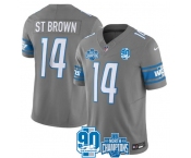 Men's Detroit Lions #14 Amon-Ra St. Brown Gray 2023 90th Anniversary North Division Champions Patch Limited Stitched Jersey