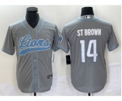Men's Detroit Lions #14 Amon Ra St Brown Grey With Patch Cool Base Stitched Baseball Jersey