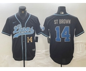 Men's Detroit Lions #14 Amon-Ra St. Brown Number Black Cool Base Stitched Baseball Jersey