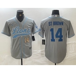 Men's Detroit Lions #14 Amon-Ra St. Brown Number Gray Cool Base Stitched Baseball Jerseys