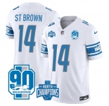 Men's Detroit Lions #14 Amon-Ra St. Brown White 2023 90th Anniversary North Division Champions Patch Limited Stitched Jersey