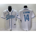 Men's Detroit Lions #14 Amon Ra St Brown White With Patch Cool Base Stitched Baseball Jersey