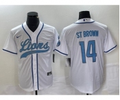 Men's Detroit Lions #14 Amon Ra St Brown White With Patch Cool Base Stitched Baseball Jersey