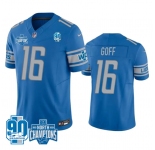 Men's Detroit Lions #16 Jared Goff Blue 2023 90th Anniversary North Division Champions Patch Limited Stitched Jersey