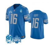 Men's Detroit Lions #16 Jared Goff Blue 2023 90th Anniversary North Division Champions Patch Limited Stitched Jersey