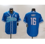 Men's Detroit Lions #16 Jared Goff Blue With 90th Anniversary Patch Cool Base Stitched Baseball Jersey