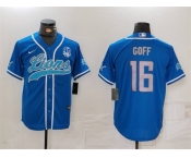 Men's Detroit Lions #16 Jared Goff Blue With 90th Anniversary Patch Cool Base Stitched Baseball Jersey