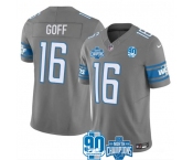 Men's Detroit Lions #16 Jared Goff Gray 2023 90th Anniversary North Division Champions Patch Limited Stitched Jersey