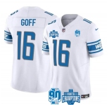 Men's Detroit Lions #16 Jared Goff White 2023 90th Anniversary North Division Champions Patch Limited Stitched Jersey