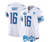 Men's Detroit Lions #16 Jared Goff White 2023 90th Anniversary North Division Champions Patch Limited Stitched Jersey