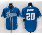 Men's Detroit Lions #20 Barry Sanders Blue With Patch Cool Base Stitched Baseball Jersey