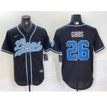 Men's Detroit Lions #26 Jahmyr Gibbs Black With Patch Cool Base Stitched Baseball Jersey