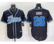 Men's Detroit Lions #26 Jahmyr Gibbs Black With Patch Cool Base Stitched Baseball Jersey