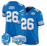 Men's Detroit Lions #26 Jahmyr Gibbs Blue 2024 NFC North Champions 90th Anniversary Patch F.U.S.E. Vapor Limited Stitched Jersey