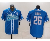 Men's Detroit Lions #26 Jahmyr Gibbs Blue With 90th Anniversary Patch Cool Base Stitched Baseball Jersey