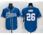 Men's Detroit Lions #26 Jahmyr Gibbs Blue With Patch Cool Base Stitched Baseball Jersey