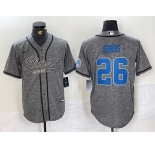 Men's Detroit Lions #26 Jahmyr Gibbs Grey Gridiron With Patch Cool Base Stitched Baseball Jersey