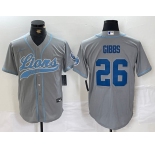 Men's Detroit Lions #26 Jahmyr Gibbs Grey With Patch Cool Base Stitched Baseball Jersey