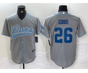 Men's Detroit Lions #26 Jahmyr Gibbs Grey With Patch Cool Base Stitched Baseball Jersey