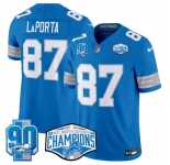 Men's Detroit Lions #87 Sam LaPorta Blue 2024 NFC North Champions 90th Anniversary Patch F.U.S.E. Vapor Limited Stitched Jersey