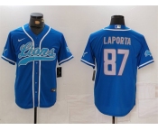 Men's Detroit Lions #87 Sam LaPorta Blue Cool Base Stitched Baseball Jersey