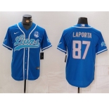 Men's Detroit Lions #87 Sam LaPorta Blue With 90th Anniversary Patch Cool Base Stitched Baseball Jersey