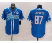 Men's Detroit Lions #87 Sam LaPorta Blue With 90th Anniversary Patch Cool Base Stitched Baseball Jersey