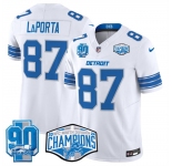 Men's Detroit Lions #87 Sam LaPorta White 2024 NFC North Champions 90th Anniversary Patch F.U.S.E. Vapor Limited Stitched Jersey