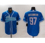 Men's Detroit Lions #97 Aidan Hutchinson Blue Cool Base Stitched Baseball Jersey
