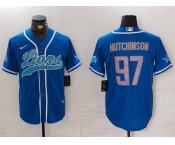 Men's Detroit Lions #97 Aidan Hutchinson Blue Cool Base Stitched Baseball Jersey