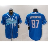 Men's Detroit Lions #97 Aidan Hutchinson Blue With 90th Patch Cool Base Stitched Baseball Jersey