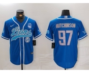 Men's Detroit Lions #97 Aidan Hutchinson Blue With 90th Patch Cool Base Stitched Baseball Jersey